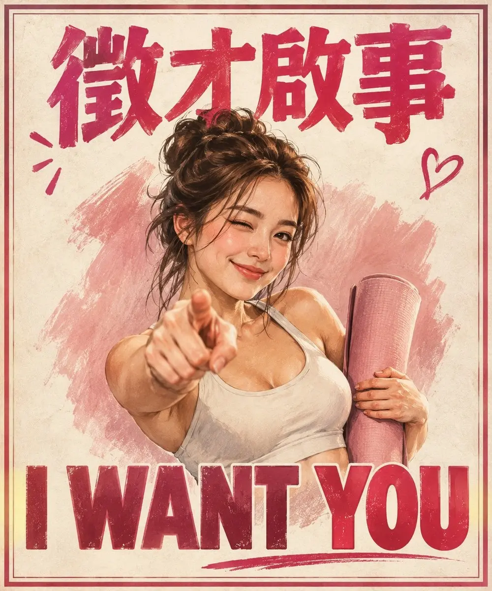 徵才啟事海報，一位手拿瑜伽墊的教練指向前方，下方寫著 I WANT YOU
